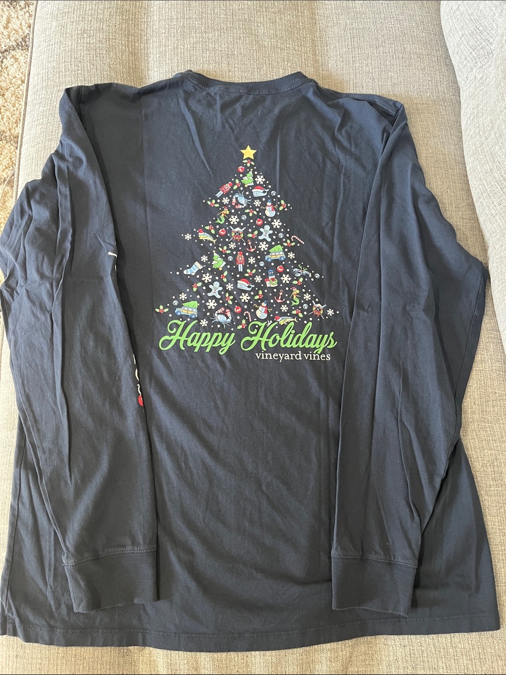 Men’s M Vineyard Vines Christmas Holiday Long Sleeve Navy T-Shirt Tree Woody